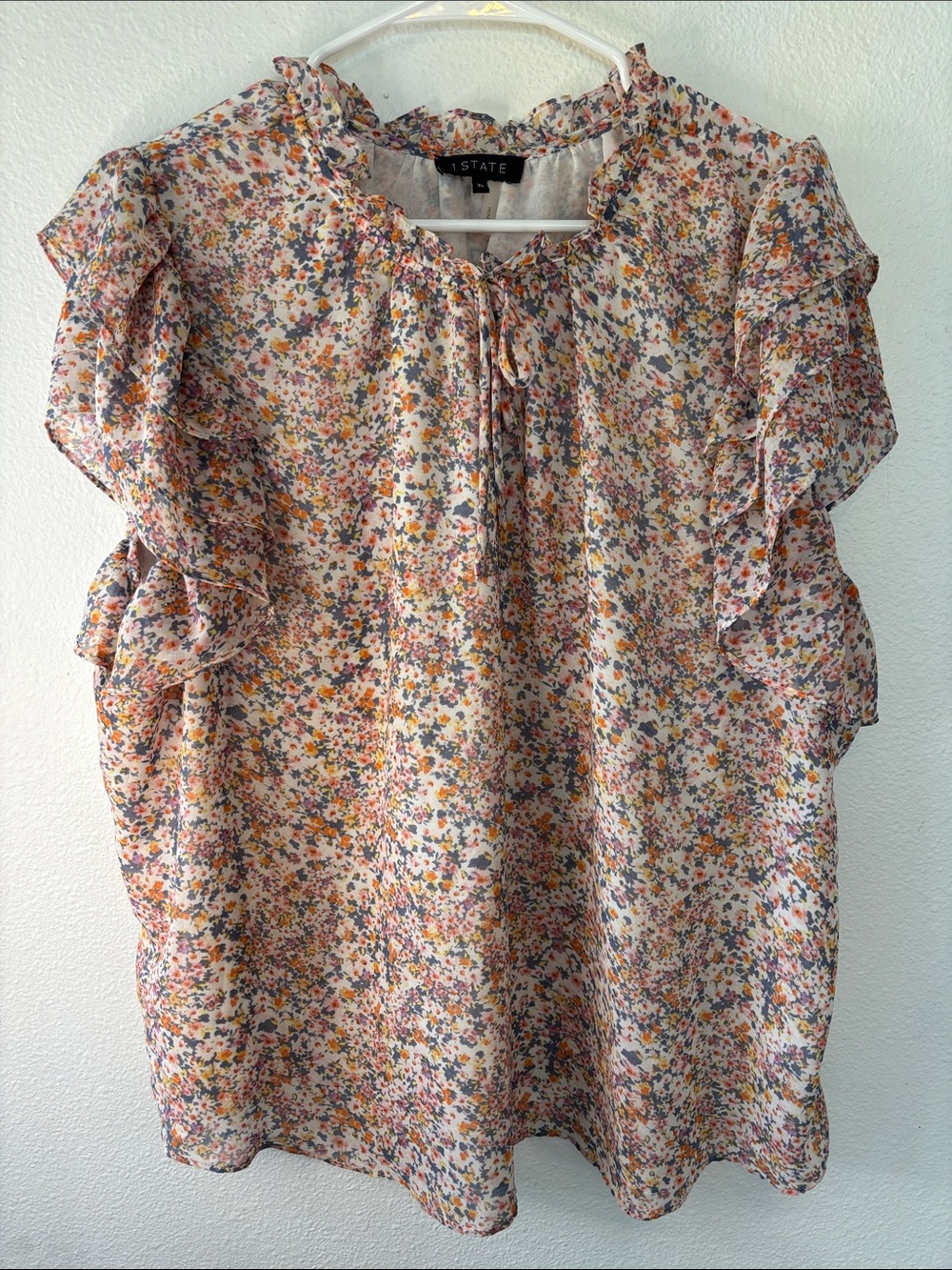 1. State Cream Floral Ruffle Tie-Neck Blouse